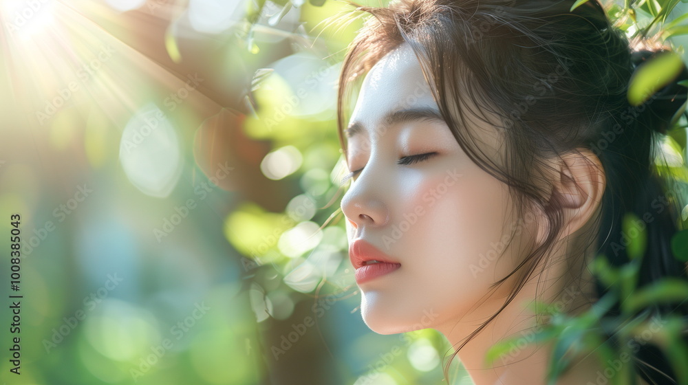 Fototapeta premium Beauty face. Smiling asian woman healthy skin portrait. Beautiful happy girl model with fresh glowing hydrated facial skin and natural makeup. Skin care concept