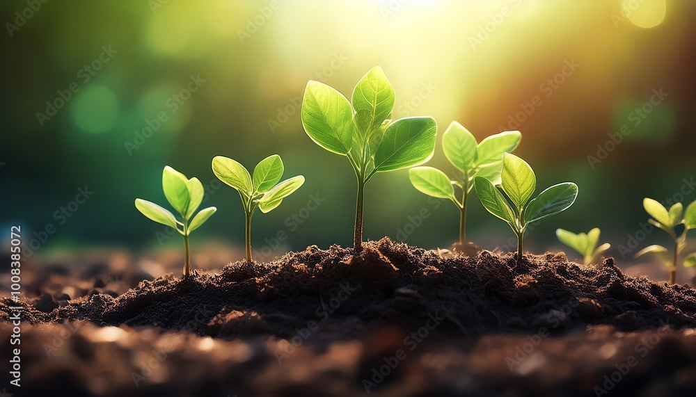 A serene close-up of young green plants sprouting from rich soil, illuminated by soft sunlight, symbolizing growth and new beginnings. A serene close-up of young green plants sprouting from rich soil, illuminated by soft sunlight, symbolizing growth and new beginnings.