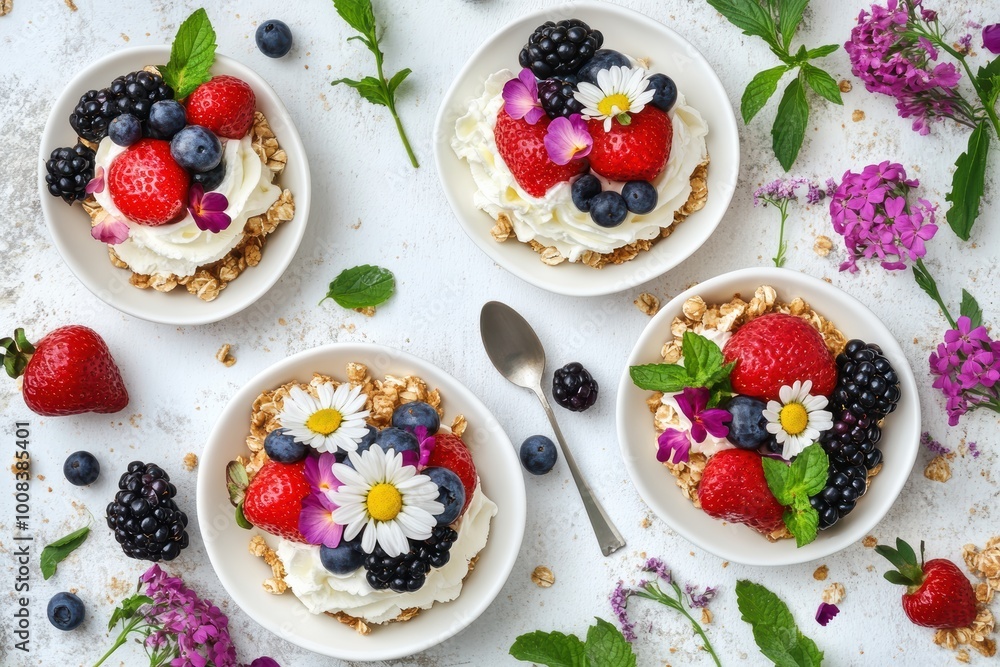 Fresh summer berry desserts with flowers on white tabletop Fresh summer berry desserts with flowers on white tabletop
