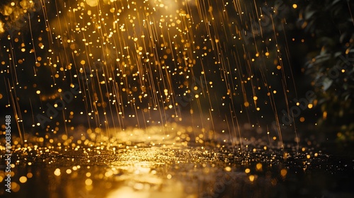 Realistic shot of heavy rain pouring down, creating splashes and reflections on the ground with golden light reflecting off wet surfaces.