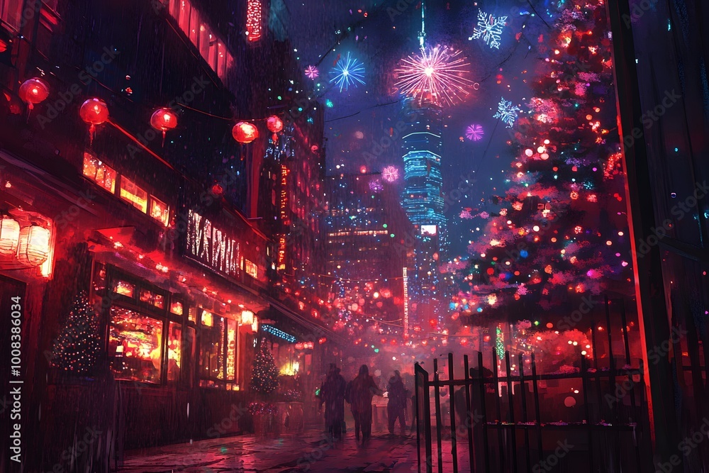 Obraz premium Festive urban scene with colorful lights and fireworks.