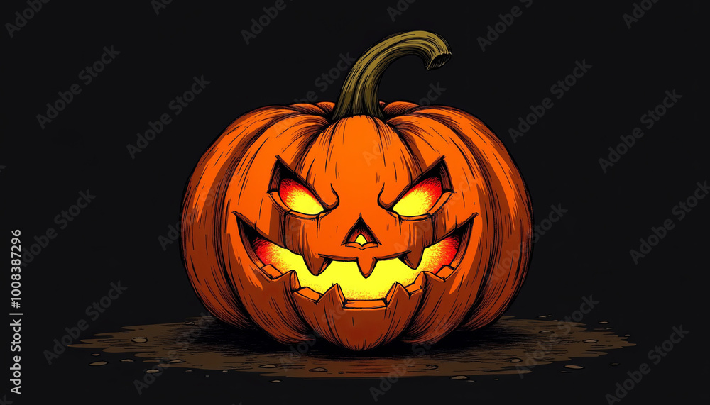 Glowing jack-o'-lantern with menacing face on dark background Glowing jack-o'-lantern with menacing face on dark background