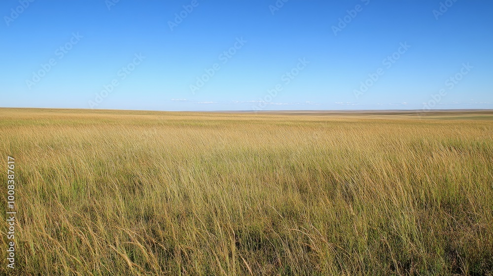 A vast expanse of golden grass stretches out under a clear blue sky. A vast expanse of golden grass stretches out under a clear blue sky.
