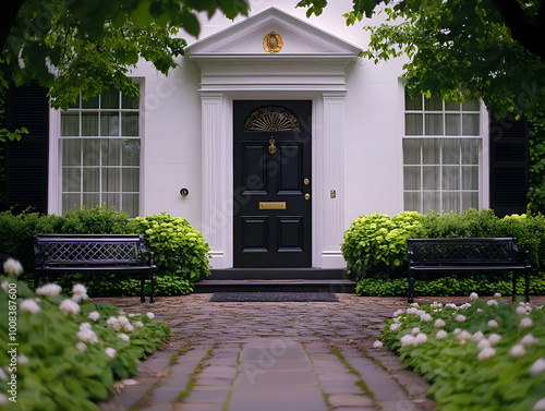 Illustration of Elegant Home with Black Door and White Exterior