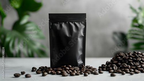 Blank Black Pouch Packaging Photo with Coffee Beans