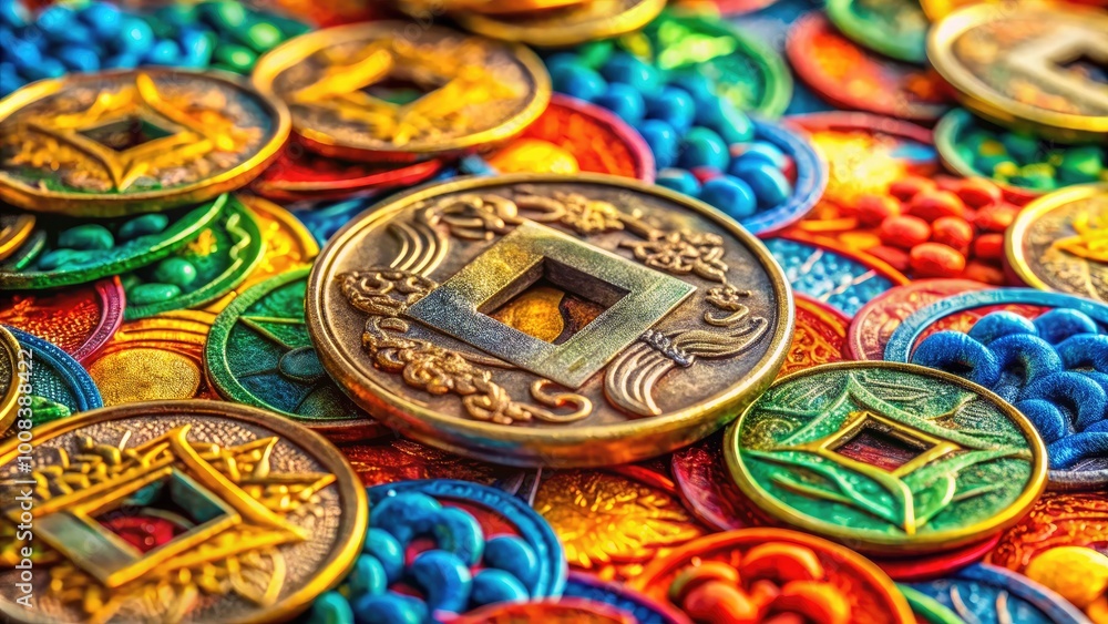 Chinese watercolor painting of a traditional coin showcasing intricate designs and vibrant colors Chinese watercolor painting of a traditional coin showcasing intricate designs and vibrant colors