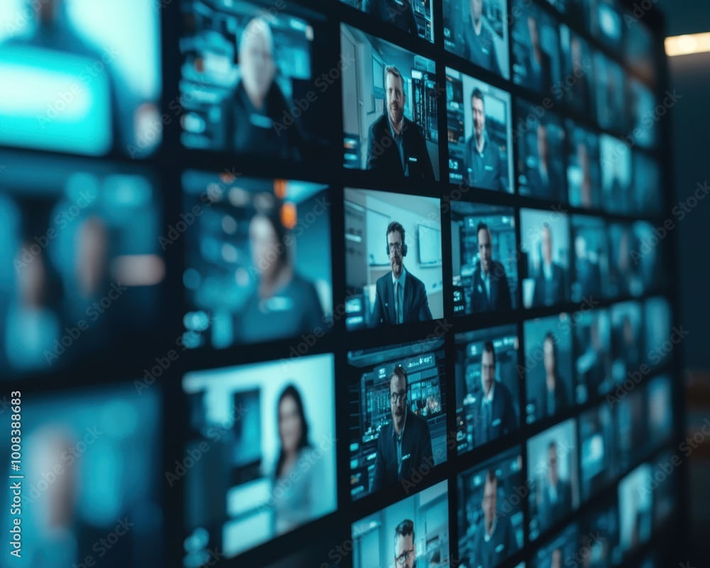 A collage of video conference screens displaying diverse professionals in a modern workspace. A collage of video conference screens displaying diverse professionals in a modern workspace.