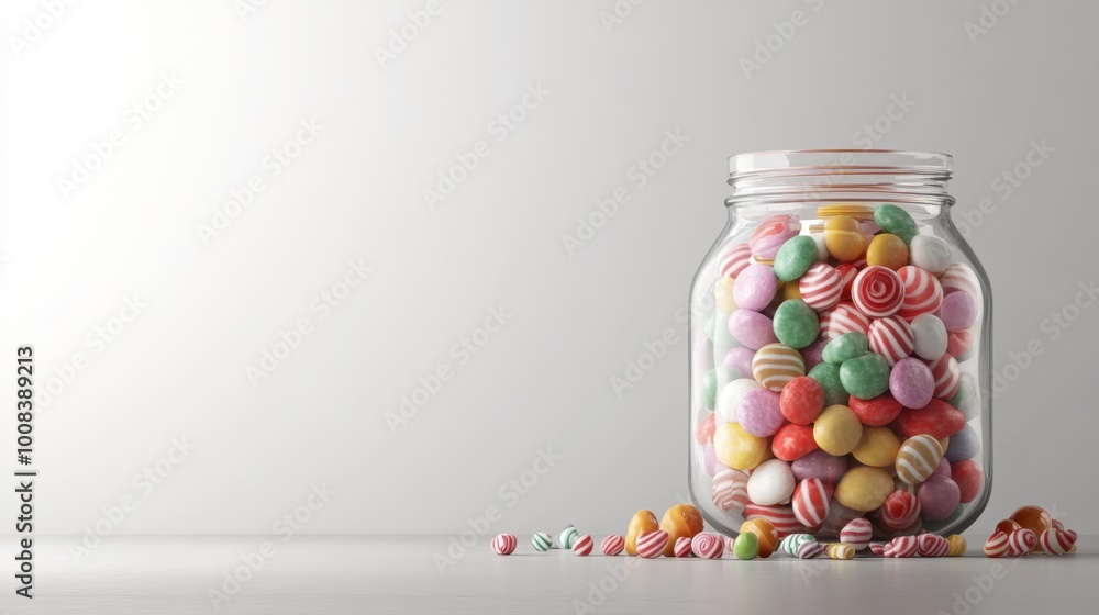 Realistic candy jar filled with assorted sweets on a clean, simple backdrop, leaving plenty of room for text. Realistic candy jar filled with assorted sweets on a clean, simple backdrop, leaving plenty of room for text.