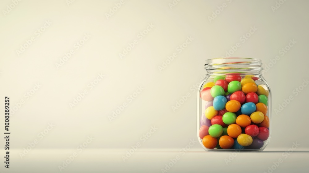 Realistic candy jar filled with vibrant sweets, against a clean, simple background with room for text. Realistic candy jar filled with vibrant sweets, against a clean, simple background with room for text.