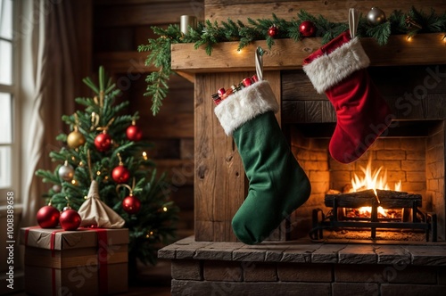 Christmas stockings hanging by the fireplace in a cozy winter home. Christmas season with family