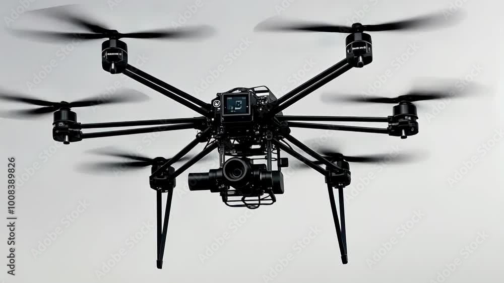 Drone equipped with camera flying in the sky, capturing aerial footage with modern technology, 4k footage Drone equipped with camera flying in the sky, capturing aerial footage with modern technology, 4k footage