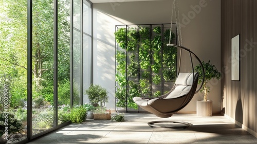 A modern, minimalist sunroom with retractable glass walls, a hanging swing chair, and a vertical herb garden