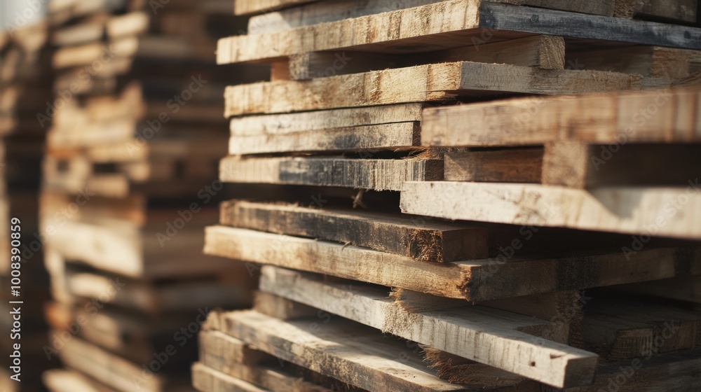 View of Realistic, detailed stack of recycled wood products ready for reuse in ...