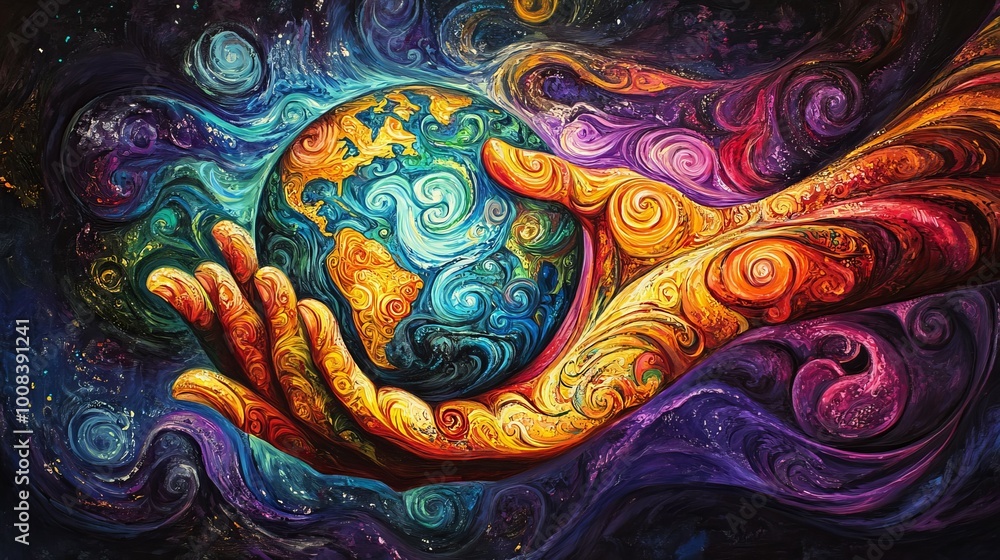 A colorful, abstract painting of a hand holding the earth. A colorful, abstract painting of a hand holding the earth.