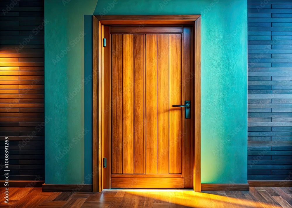 Closed wooden door with a modern design and texture in a well-lit interior setting for architecture Closed wooden door with a modern design and texture in a well-lit interior setting for architecture