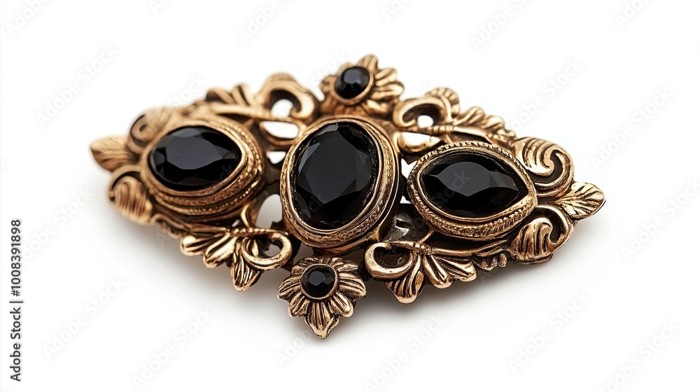 Ornate Gold Brooch with Black Gemstones Ornate Gold Brooch with Black Gemstones