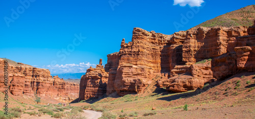 Charyn Canyon, Valley of Castles. The excellence of Kazakhstan. Panorama of natural unusual landscape. The red canyon of extraordinary beauty looks like a Martian landscape. photo