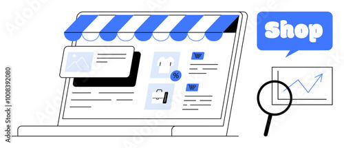 Laptop with striped awning displaying a store webpage with product images and discount icons. Includes a magnifying glass over a graph showing growth. Ideal for e-commerce, shopping, online