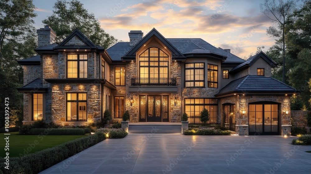 Elegant Stone House with Evening Lights Elegant Stone House with Evening Lights