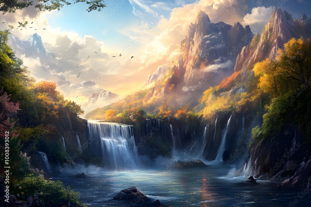 Serene landscape featuring a waterfall surrounded by mountains and trees. Serene landscape featuring a waterfall surrounded by mountains and trees.