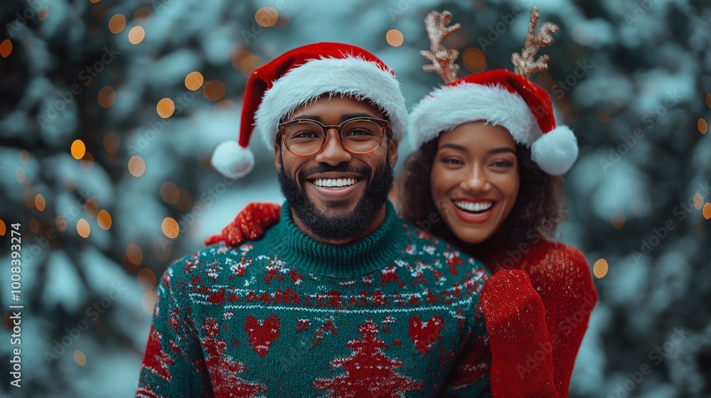 Happy African American Couple in Festive Christmas Sweaters and Santa Hats, Smiling in a Snowy Winter Wonderland with Bokeh Lights Happy African American Couple in Festive Christmas Sweaters and Santa Hats, Smiling in a Snowy Winter Wonderland with Bokeh Lights