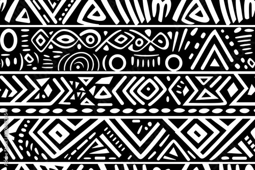 black and white seamless tribal pattern, geometric african ethnic doodle design