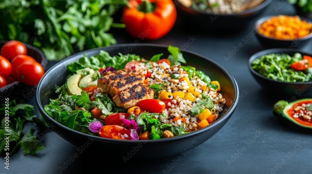 A colorful salad with grilled chicken, avocado, tomatoes, and grains served in a black bowl. A colorful salad with grilled chicken, avocado, tomatoes, and grains served in a black bowl.