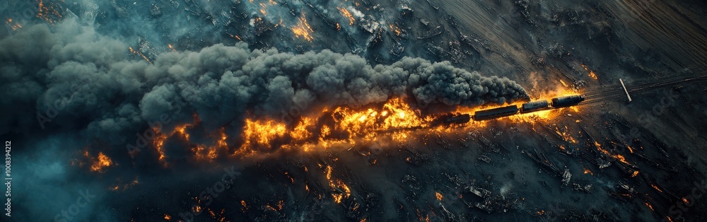 Train Derailment with Flames and Smoke, Aerial Disaster Scene Train Derailment with Flames and Smoke, Aerial Disaster Scene