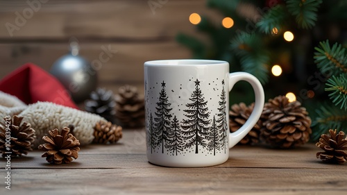 Wallpaper Mural Christmas mug mockup featuring a white ceramic mug with a Christmas tree design, surrounded by festive pinecones and decorations. Ideal for showcasing holiday-themed drinkware designs. Torontodigital.ca