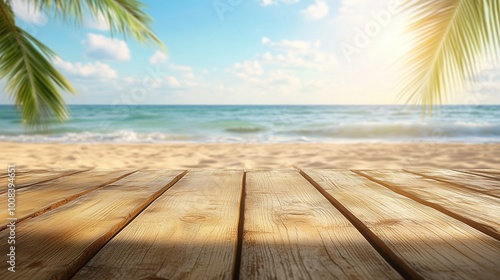 Wooden floor perspective and water ocean with horizon line and sun bright