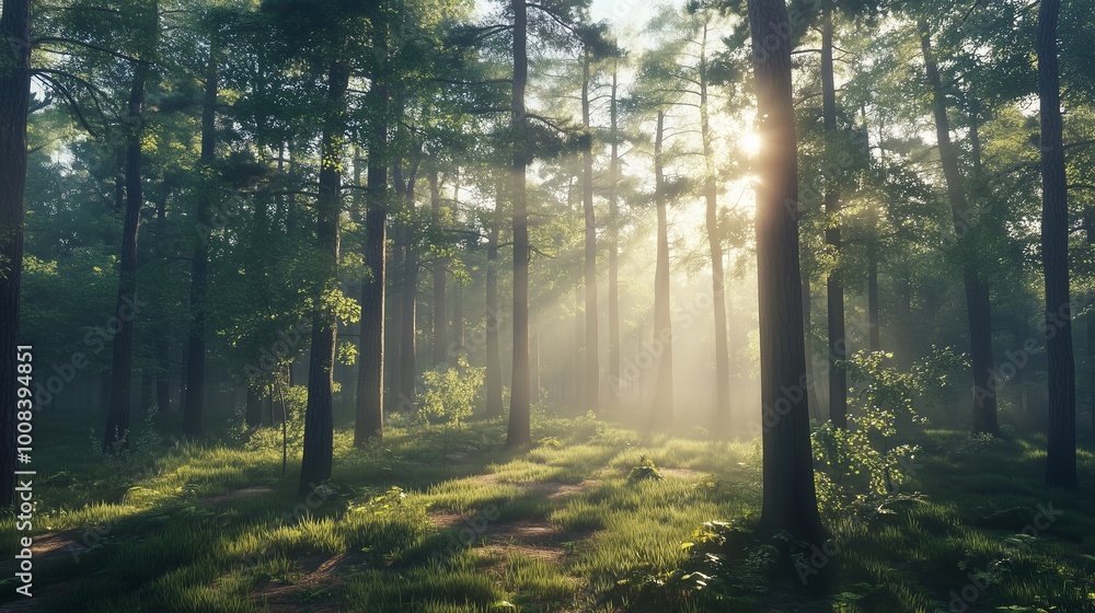 Fototapeta premium Deep forest with green tree, grass and sun light with shadow