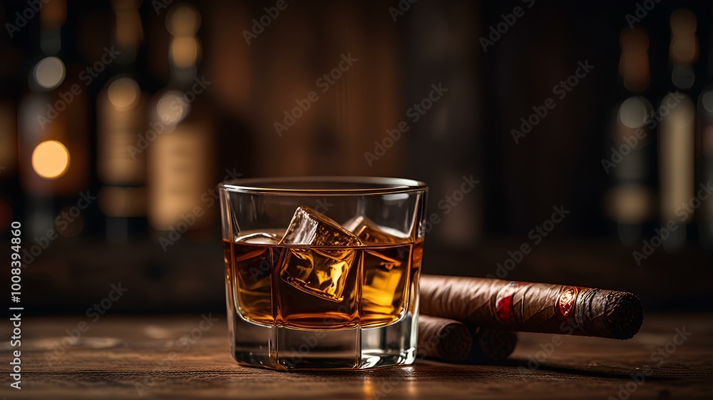 Close-up of a whiskey glass and cigar placed on a wooden table, with a moody, out-of-focus background. Close-up of a whiskey glass and cigar placed on a wooden table, with a moody, out-of-focus background.