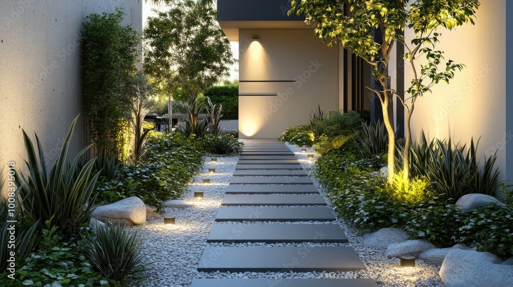 Obraz premium A modern, minimalist walkway with stepping stones, ground cover plants, and hidden lighting