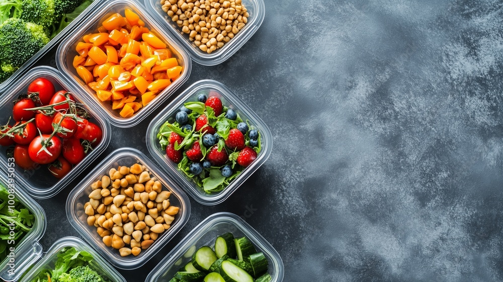 Colorful meal prep containers filled with fresh vegetables, fruits, nuts, and seeds arranged on a textured surface for healthy eating Colorful meal prep containers filled with fresh vegetables, fruits, nuts, and seeds arranged on a textured surface for healthy eating