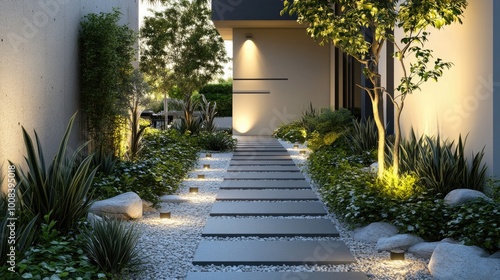 A modern, minimalist walkway with stepping stones, ground cover plants, and hidden lighting