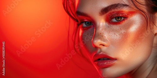 Modern Beauty: Close-Up of Female Model with Bold Red Makeup and Glamorous Freckles