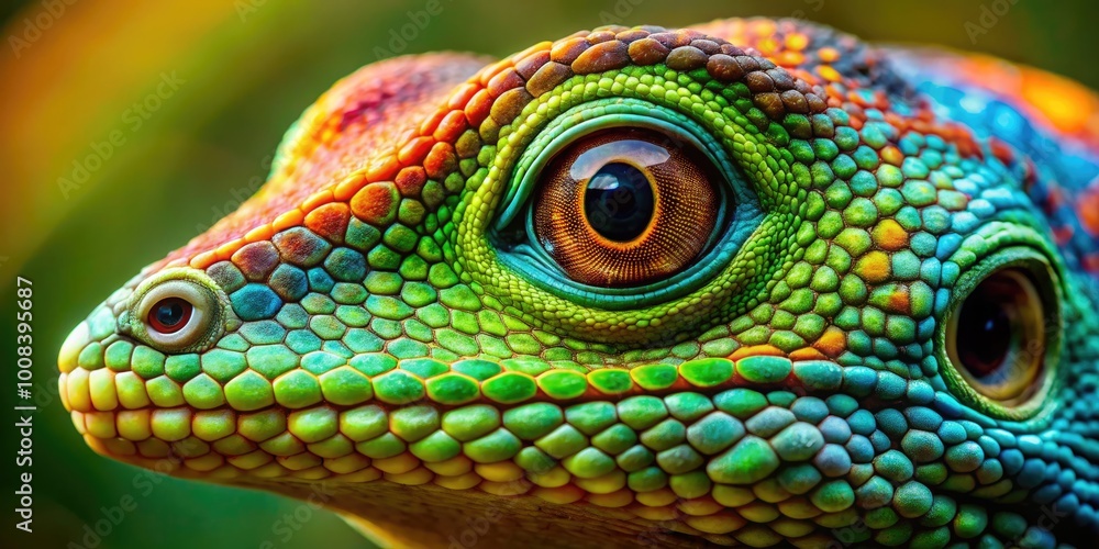 Obraz premium Close-up of a vibrant lizard face showcasing intricate textures and vivid colors in nature