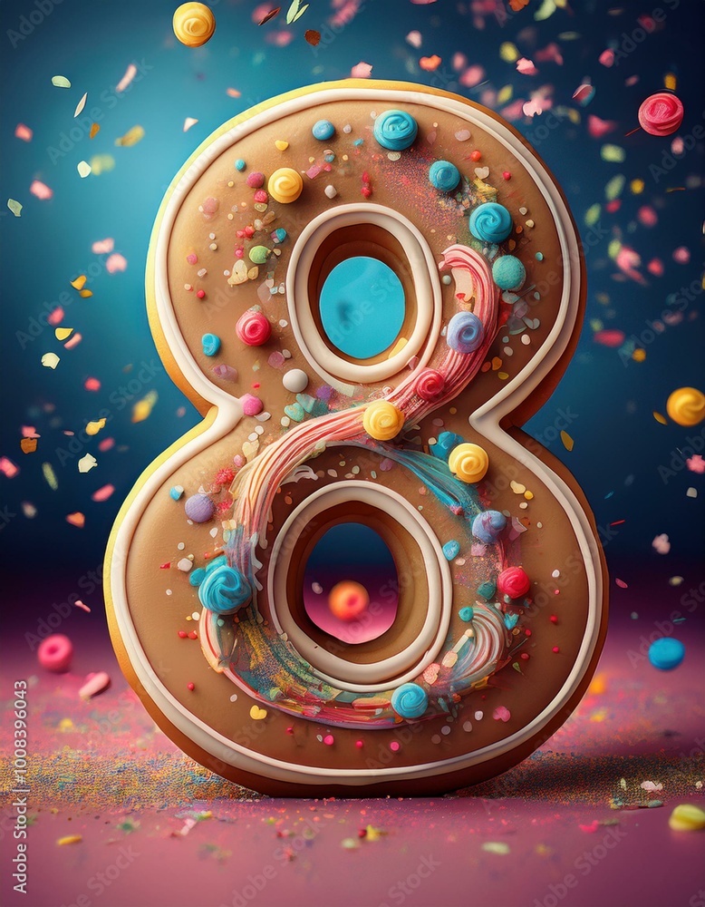 Fototapeta premium Decorated cookie, number 8, illustration for birthday or anniversary celebration