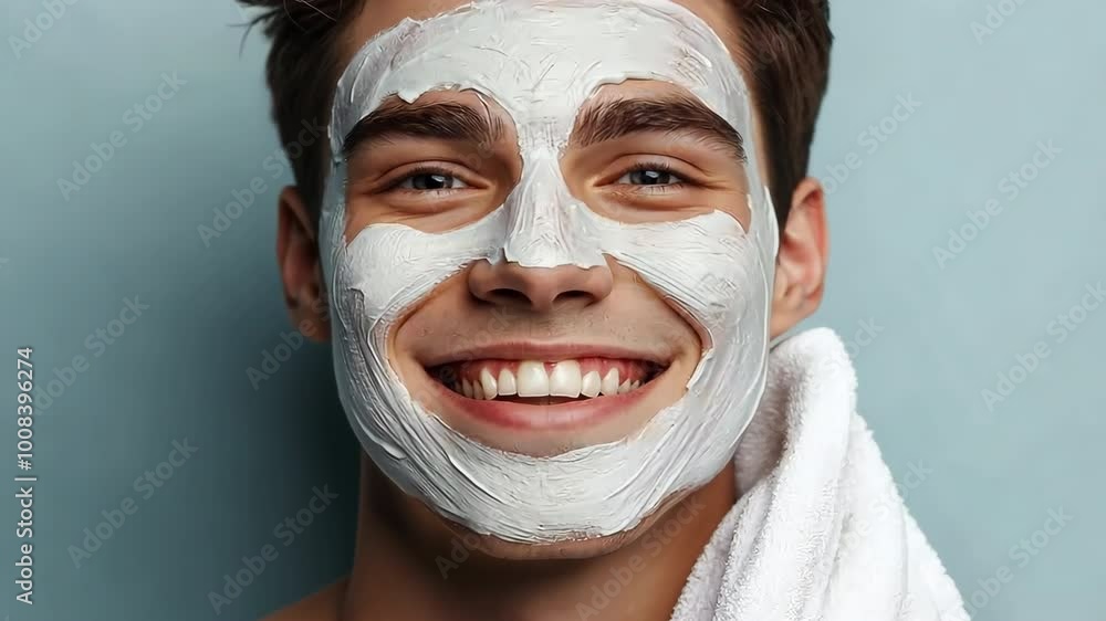 A man is smiling while wearing a white face mask A man is smiling while wearing a white face mask