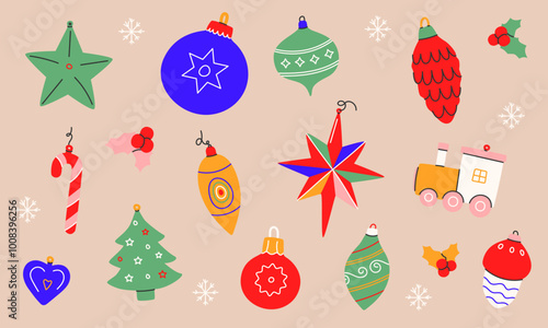 Set of vector Vintage christmas balls. Xmas ornaments isolated. December decoration designs in old retro style. Winter holiday adornment, tree decor, toys, ball,holly berry. Vector illustration EPS 10