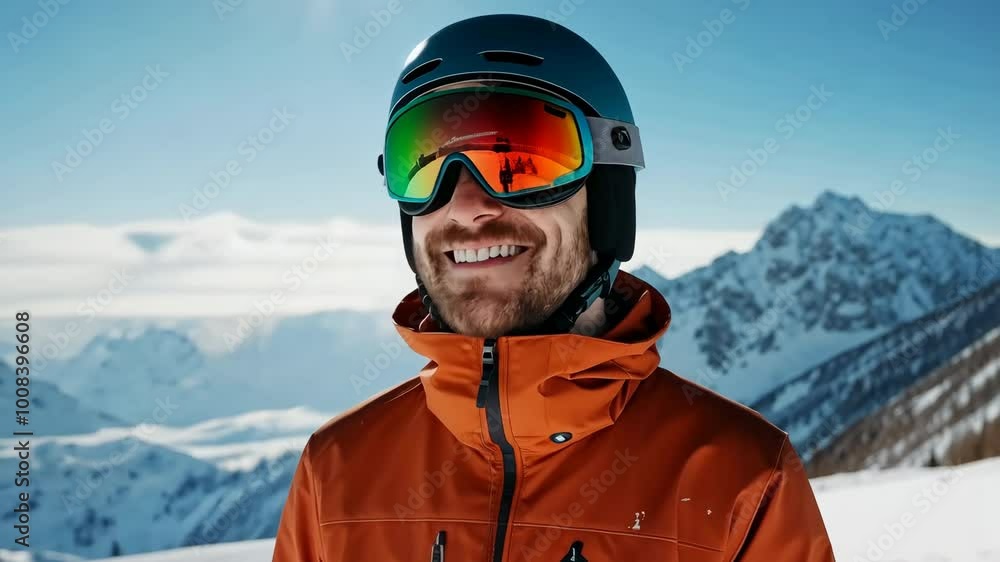 A man in an orange jacket is smiling and looking out over a snowy mountain A man in an orange jacket is smiling and looking out over a snowy mountain