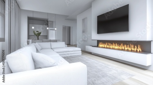 A modern, minimalist living room with a white sectional sofa, a wall-mounted TV, and a bioethanol fireplace