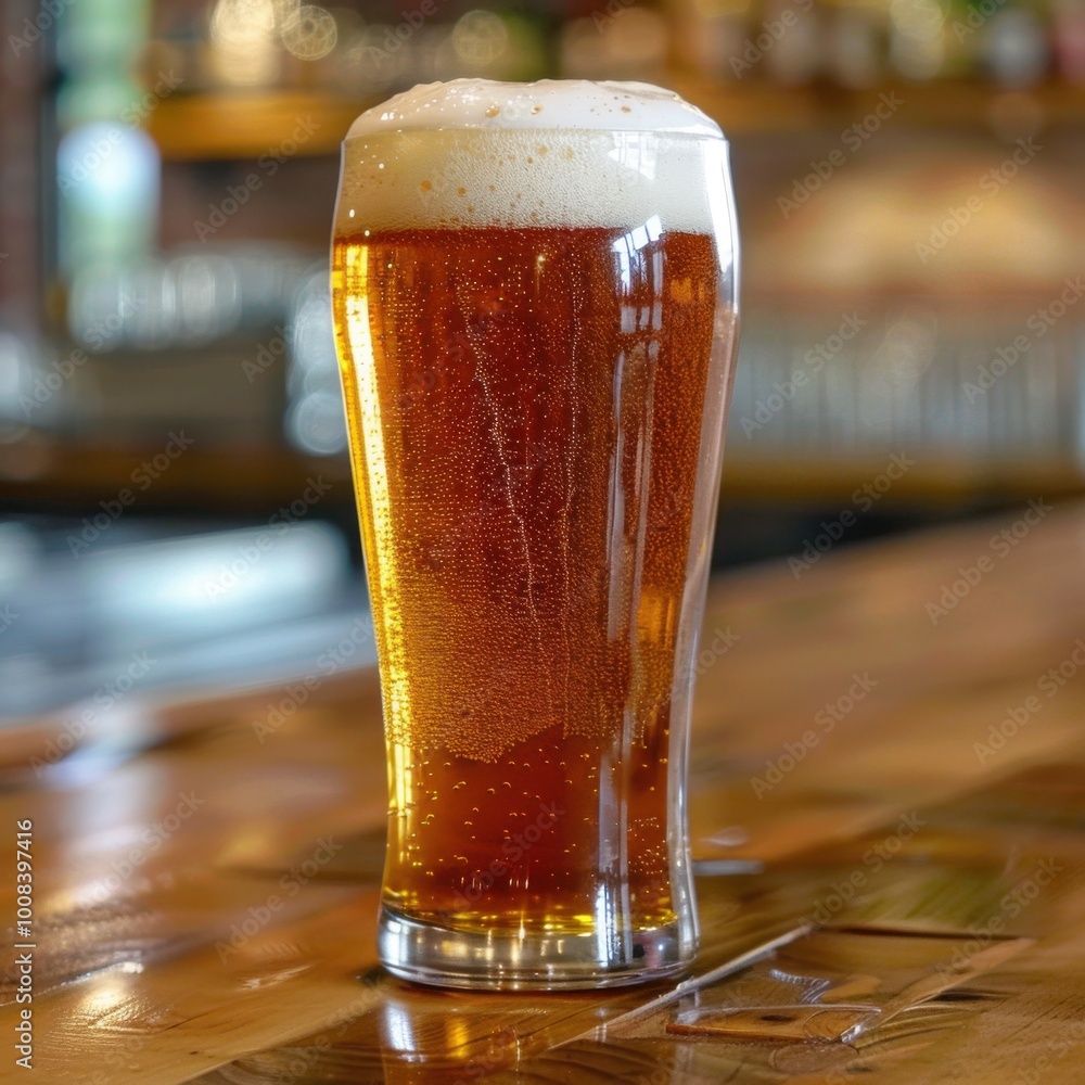 Foamy draft beer in a pint glass on a bar counter at a craft brewery for a refreshing pub experience Foamy draft beer in a pint glass on a bar counter at a craft brewery for a refreshing pub experience