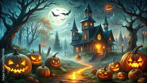 A spooky Halloween night with glowing pumpkins and a haunted house under a full moon