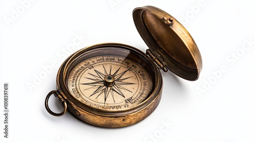 Vintage Brass Compass with Open Lid on White Background