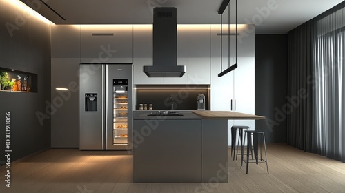 A modern, minimalist kitchen with a smart refrigerator, an island with an integrated cooktop, and a ceiling-mounted extractor