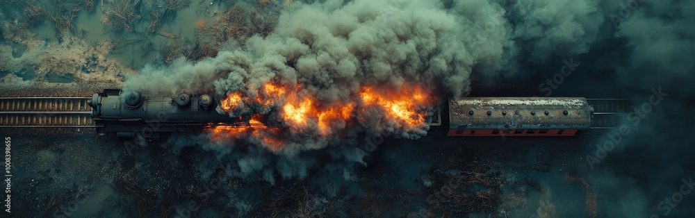 Train Derailment with Flames and Smoke, Aerial Disaster Scene Train Derailment with Flames and Smoke, Aerial Disaster Scene