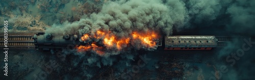 Wallpaper Mural Train Derailment with Flames and Smoke, Aerial Disaster Scene Torontodigital.ca
