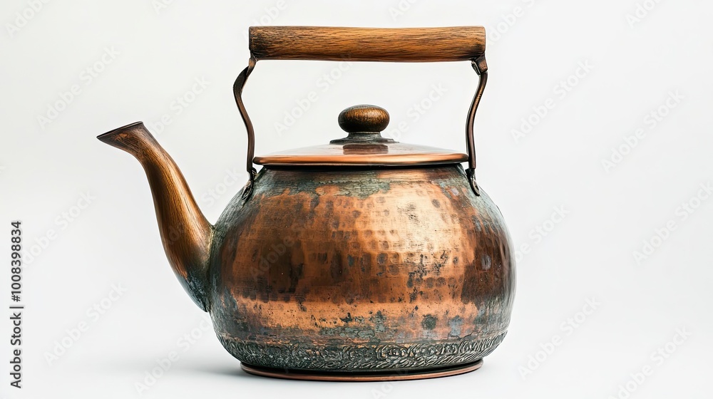 Antique Copper Kettle with Ornate Handle and Engraved Base Antique Copper Kettle with Ornate Handle and Engraved Base