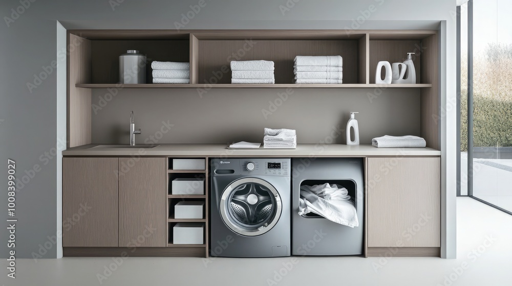 A modern, minimalist laundry room with built-in appliances, a folding area, and ample storage A modern, minimalist laundry room with built-in appliances, a folding area, and ample storage